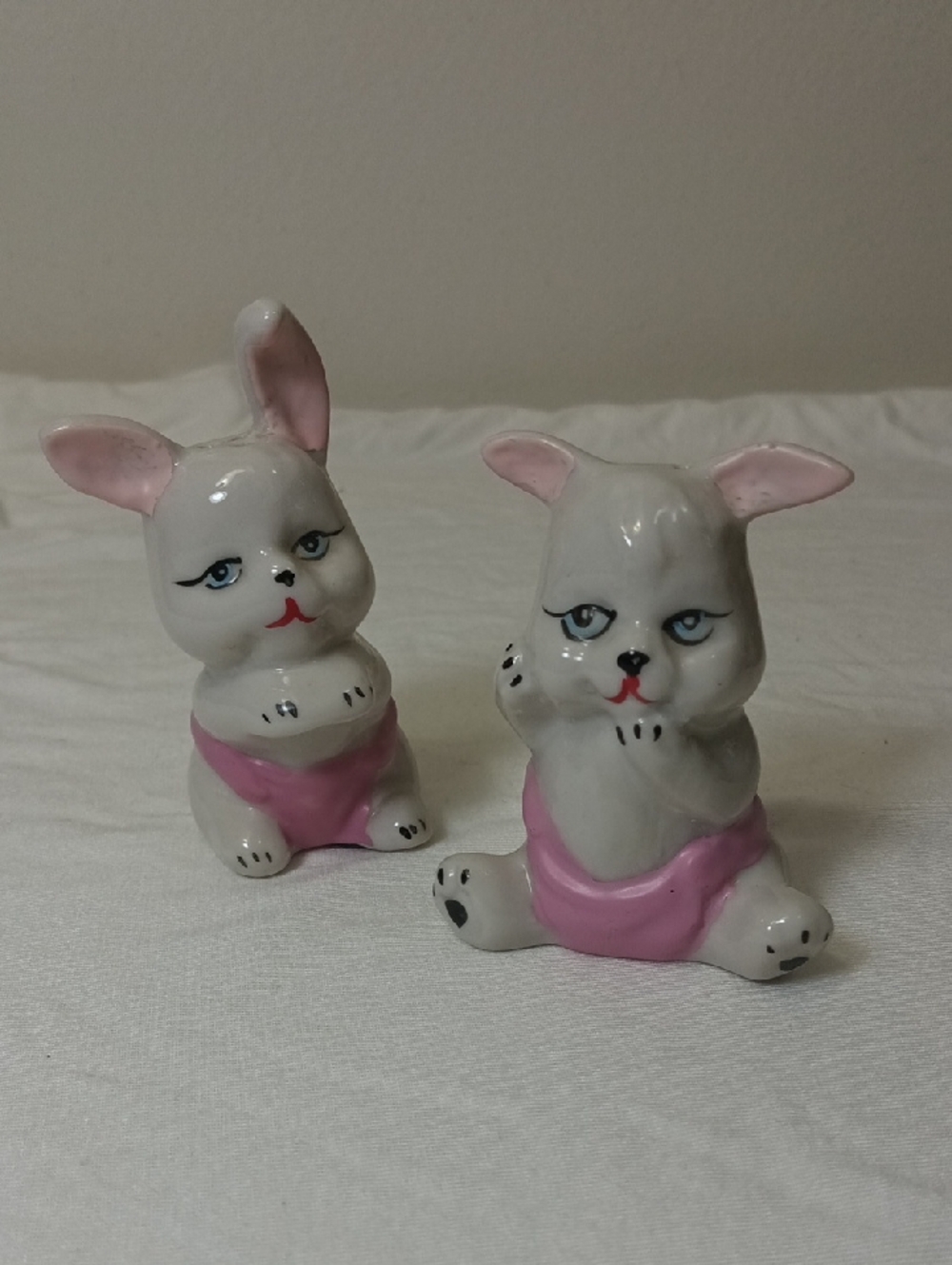 Vintage White Ceramic Bunny Salt And Pepper Shakers Pair with Pink Accents